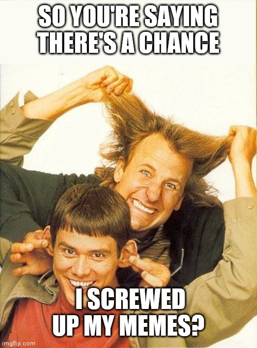 DUMB and dumber | SO YOU'RE SAYING THERE'S A CHANCE I SCREWED UP MY MEMES? | image tagged in dumb and dumber | made w/ Imgflip meme maker