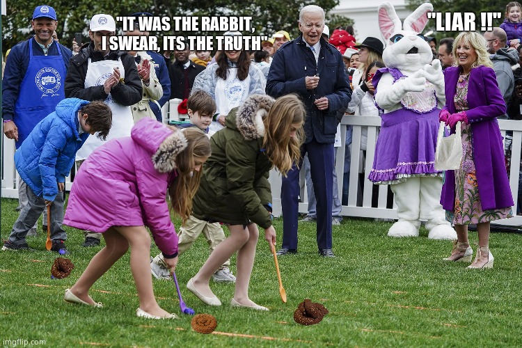 Bunny plops |  "LIAR !!"; "IT WAS THE RABBIT, I SWEAR, ITS THE TRUTH" | image tagged in memes,joe biden,white house,pooping,poopy pants,political meme | made w/ Imgflip meme maker