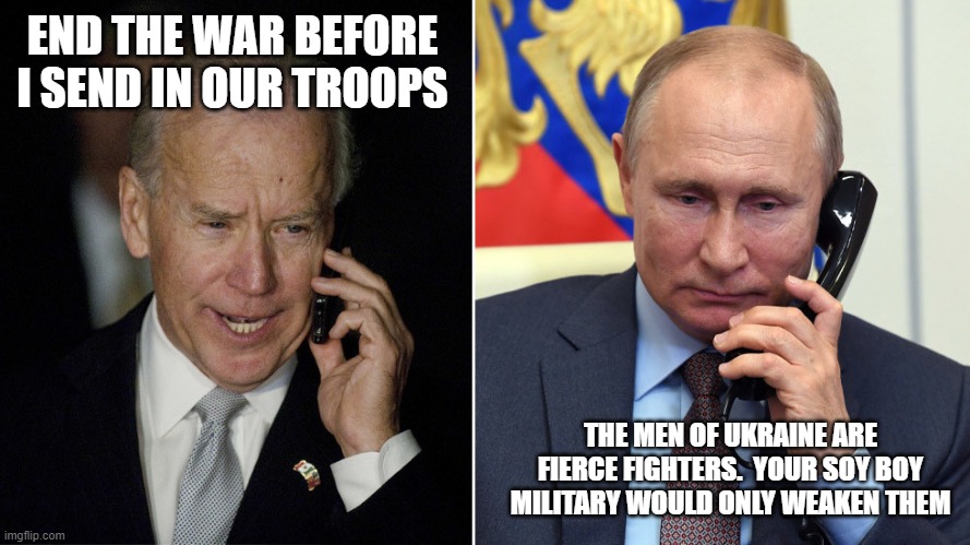 He is not wrong | END THE WAR BEFORE I SEND IN OUR TROOPS; THE MEN OF UKRAINE ARE FIERCE FIGHTERS.  YOUR SOY BOY MILITARY WOULD ONLY WEAKEN THEM | image tagged in biden-putin,he is not wrong,diversity is weakness,soy boy,america in decline,go woke go broke | made w/ Imgflip meme maker