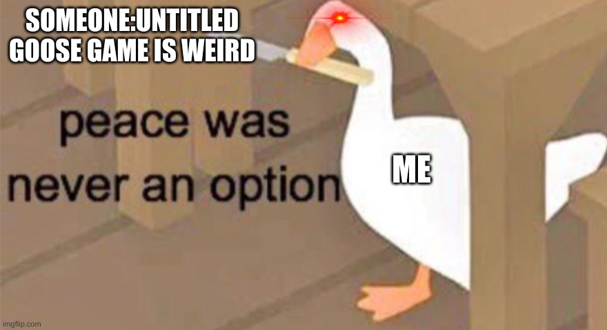 do not say that in my chat mk? k | SOMEONE:UNTITLED GOOSE GAME IS WEIRD; ME | image tagged in untitled goose peace was never an option,untitled goose game | made w/ Imgflip meme maker