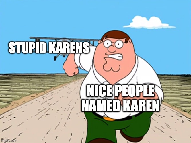 I feel bad for nice people named Karen | STUPID KARENS; NICE PEOPLE NAMED KAREN | image tagged in peter griffin running away | made w/ Imgflip meme maker