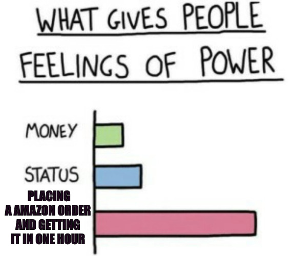 I NEED IT FAST | PLACING A AMAZON ORDER AND GETTING IT IN ONE HOUR | image tagged in what gives people feelings of power | made w/ Imgflip meme maker