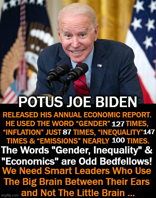 Diverting Attention From Inflation Does Not Make It Go Away, Joe! You Did It! | POTUS JOE BIDEN; RELEASED HIS ANNUAL ECONOMIC REPORT. 

HE USED THE WORD “GENDER”        TIMES, 
“INFLATION” JUST      TIMES, “INEQUALITY”     
TIMES & “EMISSIONS” NEARLY         TIMES. 127; 147; 87; 100; The Words "Gender, Inequality" & 
"Economics" are Odd Bedfellows! We Need Smart Leaders Who Use 
The Big Brain Between Their Ears 
and Not The Little Brain ... | image tagged in politics,inflation,economic report,gender,inequality,money | made w/ Imgflip meme maker