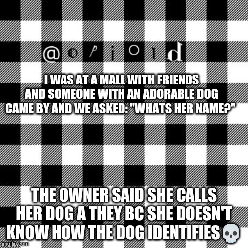 opioid annon temp | I WAS AT A MALL WITH FRIENDS AND SOMEONE WITH AN ADORABLE DOG CAME BY AND WE ASKED: "WHATS HER NAME?"; THE OWNER SAID SHE CALLS HER DOG A THEY BC SHE DOESN'T KNOW HOW THE DOG IDENTIFIES💀 | image tagged in opioid annon temp | made w/ Imgflip meme maker