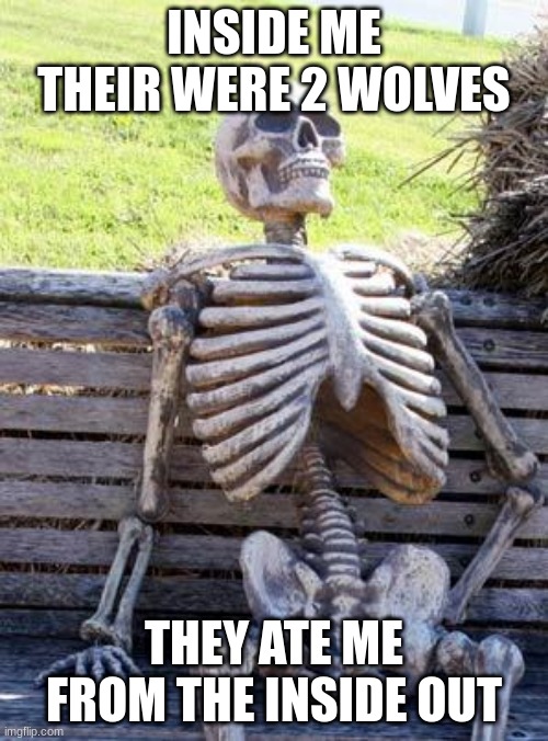 The Anti-14 year old | INSIDE ME THEIR WERE 2 WOLVES; THEY ATE ME FROM THE INSIDE OUT | image tagged in memes,waiting skeleton | made w/ Imgflip meme maker