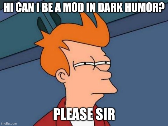 Futurama Fry |  HI CAN I BE A MOD IN DARK HUMOR? PLEASE SIR | image tagged in memes,futurama fry | made w/ Imgflip meme maker