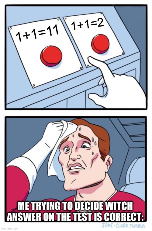Two Buttons Meme | 1+1=2; 1+1=11; ME TRYING TO DECIDE WITCH ANSWER ON THE TEST IS CORRECT: | image tagged in memes,two buttons | made w/ Imgflip meme maker