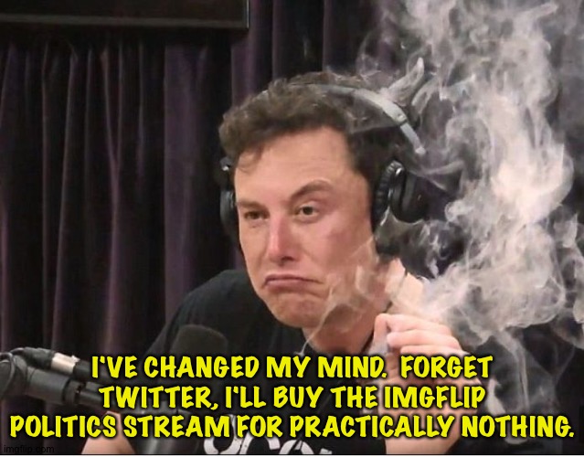 bargain basement | I'VE CHANGED MY MIND.  FORGET TWITTER, I'LL BUY THE IMGFLIP POLITICS STREAM FOR PRACTICALLY NOTHING. | image tagged in elon musk smoking a joint | made w/ Imgflip meme maker