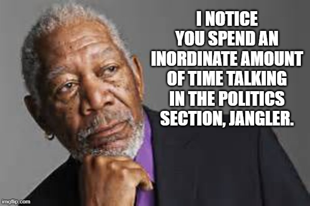 Deep Thoughts By Morgan Freeman  | I NOTICE YOU SPEND AN INORDINATE AMOUNT OF TIME TALKING IN THE POLITICS SECTION, JANGLER. | image tagged in deep thoughts by morgan freeman | made w/ Imgflip meme maker