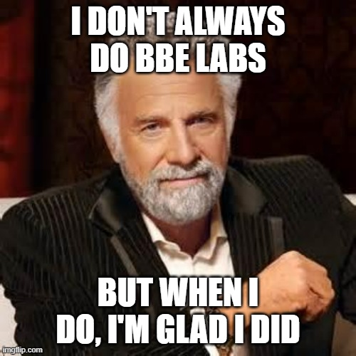 Dos Equis Guy Awesome | I DON'T ALWAYS DO BBE LABS; BUT WHEN I DO, I'M GLAD I DID | image tagged in dos equis guy awesome | made w/ Imgflip meme maker