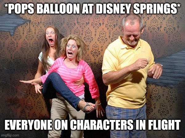 Pop goes the mouse |  *POPS BALLOON AT DISNEY SPRINGS*; EVERYONE ON CHARACTERS IN FLIGHT | image tagged in disneysprings,disney | made w/ Imgflip meme maker