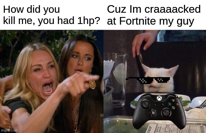 When your the god at Fortnite | How did you kill me, you had 1hp? Cuz Im craaaacked at Fortnite my guy | image tagged in memes,woman yelling at cat | made w/ Imgflip meme maker