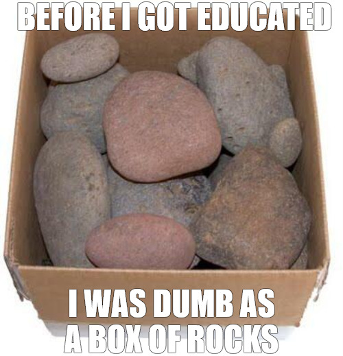 TRU SOME TIMES | BEFORE I GOT EDUCATED; I WAS DUMB AS A BOX OF ROCKS | image tagged in box of rocks | made w/ Imgflip meme maker