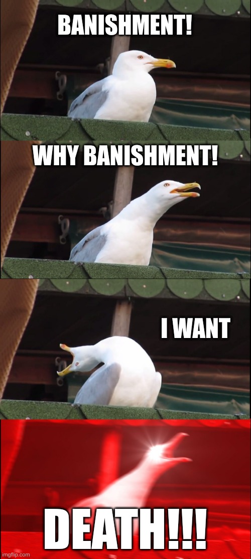 Inhaling Seagull | BANISHMENT! WHY BANISHMENT! I WANT; DEATH!!! | image tagged in memes,inhaling seagull | made w/ Imgflip meme maker