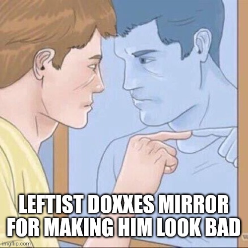 Go follow @libsoftiktok on twitter | LEFTIST DOXXES MIRROR FOR MAKING HIM LOOK BAD | image tagged in pointing mirror guy | made w/ Imgflip meme maker