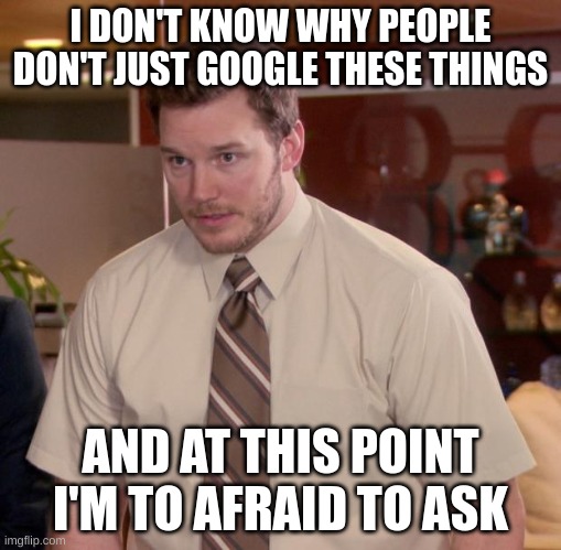 Afraid To Ask Andy | I DON'T KNOW WHY PEOPLE DON'T JUST GOOGLE THESE THINGS; AND AT THIS POINT I'M TO AFRAID TO ASK | image tagged in memes,afraid to ask andy | made w/ Imgflip meme maker