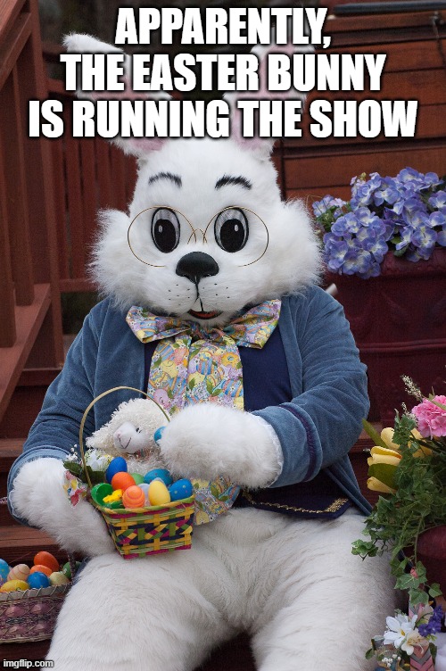 easter bunny | APPARENTLY, THE EASTER BUNNY IS RUNNING THE SHOW | image tagged in easter bunny | made w/ Imgflip meme maker
