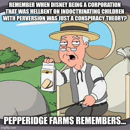 Pepperidge Farm Remembers | REMEMBER WHEN DISNEY BEING A CORPORATION THAT WAS HELLBENT ON INDOCTRINATING CHILDREN WITH PERVERSION WAS JUST A CONSPIRACY THEORY? PEPPERIDGE FARMS REMEMBERS... | image tagged in memes,pepperidge farm remembers | made w/ Imgflip meme maker