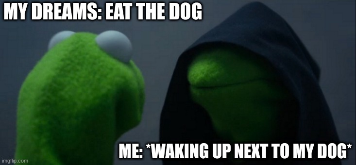 DOG DREAMS | MY DREAMS: EAT THE DOG; ME: *WAKING UP NEXT TO MY DOG* | image tagged in memes,evil kermit | made w/ Imgflip meme maker