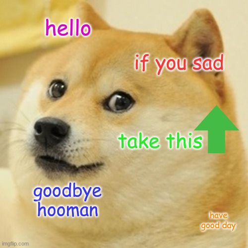 doge | hello; if you sad; take this; goodbye hooman; have good day | image tagged in memes,doge | made w/ Imgflip meme maker
