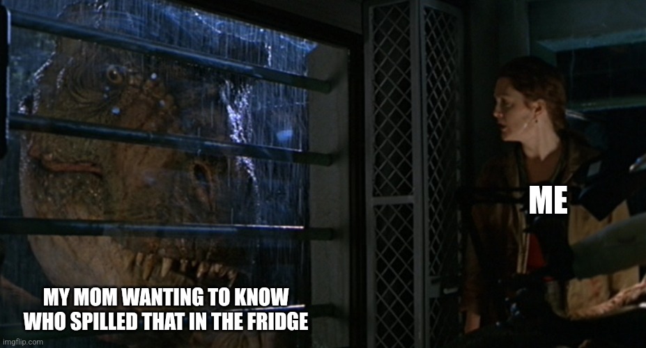 Jurassic park | ME; MY MOM WANTING TO KNOW WHO SPILLED THAT IN THE FRIDGE | image tagged in jurassic park | made w/ Imgflip meme maker