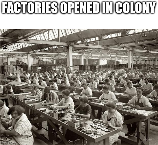Factory for weapons production to crush rebels | FACTORIES OPENED IN COLONY | image tagged in factory workers | made w/ Imgflip meme maker
