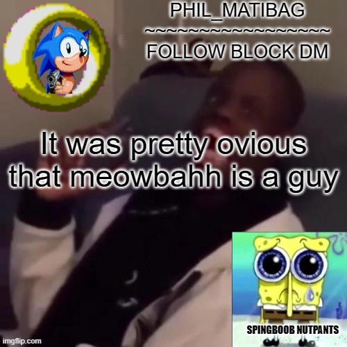 Phil_matibag announcement | It was pretty obvious that meowbahh is a guy | image tagged in phil_matibag announcement | made w/ Imgflip meme maker