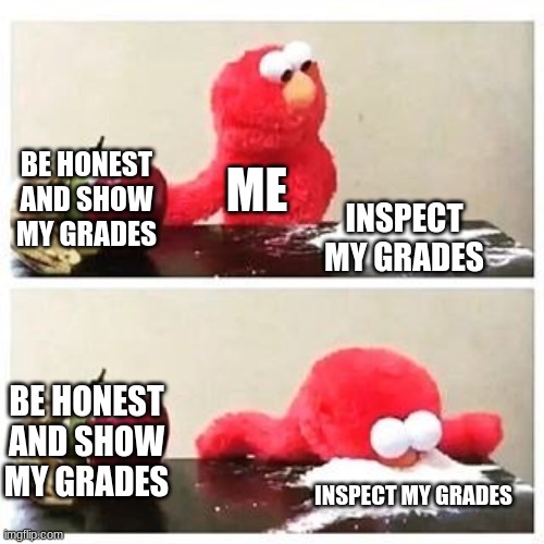 im a failure in life | BE HONEST AND SHOW MY GRADES; ME; INSPECT MY GRADES; BE HONEST AND SHOW MY GRADES; INSPECT MY GRADES | image tagged in elmo cocaine,bad grades,school,ass | made w/ Imgflip meme maker