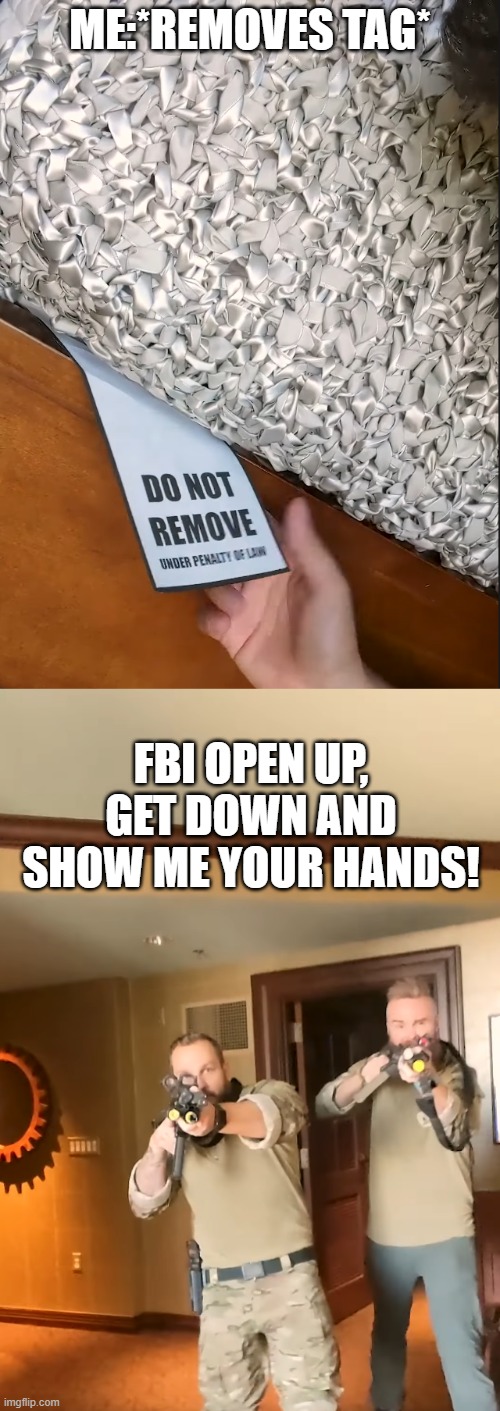 When you remove a Do Not Remove Tag | ME:*REMOVES TAG*; FBI OPEN UP, GET DOWN AND SHOW ME YOUR HANDS! | image tagged in do not remove,tag,fbi,fbi open up | made w/ Imgflip meme maker