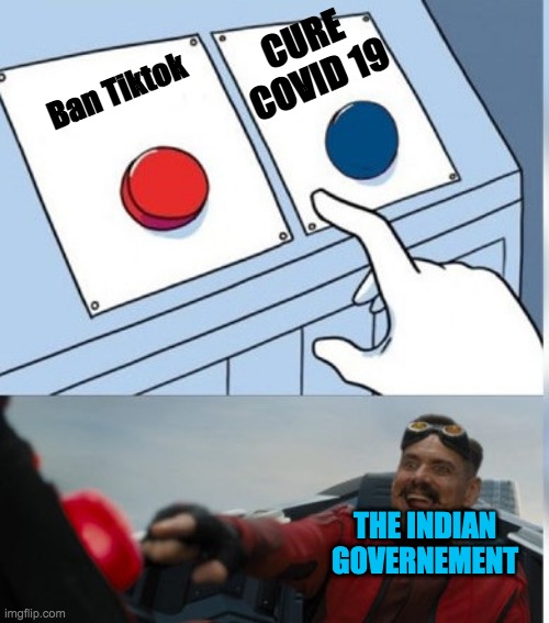 The Indian Government bans Tiktok be like | CURE COVID 19; Ban Tiktok; THE INDIAN GOVERNEMENT | image tagged in two buttons eggman | made w/ Imgflip meme maker