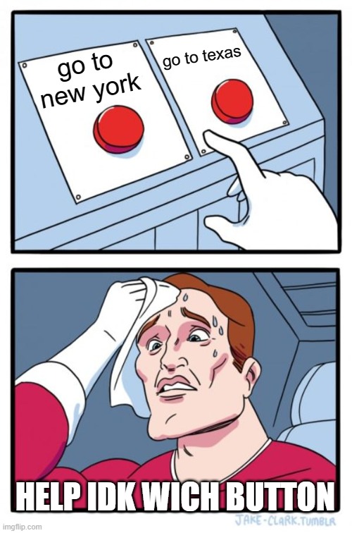 Two Buttons | go to texas; go to new york; HELP IDK WICH BUTTON | image tagged in memes,two buttons | made w/ Imgflip meme maker