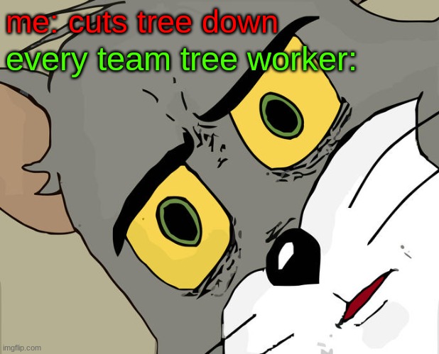 team trees is good | me: cuts tree down; every team tree worker: | image tagged in memes,unsettled tom | made w/ Imgflip meme maker