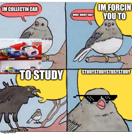 annoyed bird | IM FORCIN YOU TO; IM COLLECTIN CAR; MORE  DIDNEY CAR=; TO STUDY; STUDYSTUDYSTUSYSTUDY | image tagged in annoyed bird | made w/ Imgflip meme maker