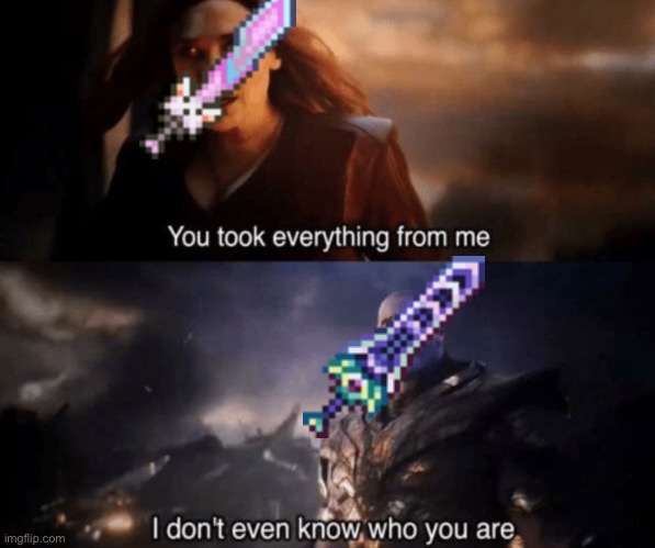 It has been almost 2 years since the meowmere was overtaken by the zenith for the best melee weapon | image tagged in you took everything from me - i don't even know who you are | made w/ Imgflip meme maker