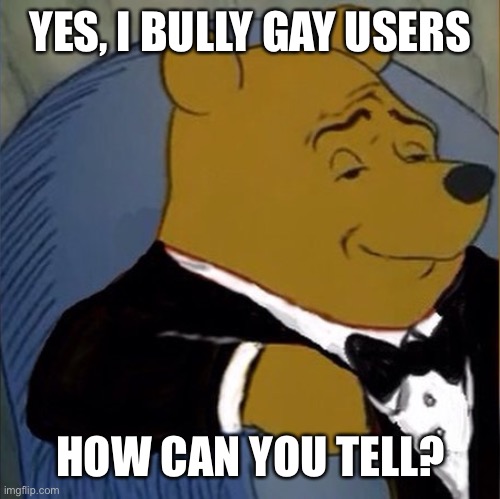 don’t laugh, not funny | YES, I BULLY GAY USERS; HOW CAN YOU TELL? | image tagged in fancy pooh | made w/ Imgflip meme maker