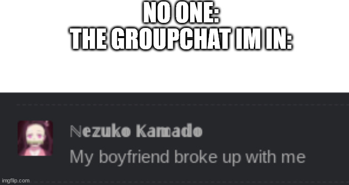 NO ONE:
THE GROUPCHAT IM IN: | made w/ Imgflip meme maker