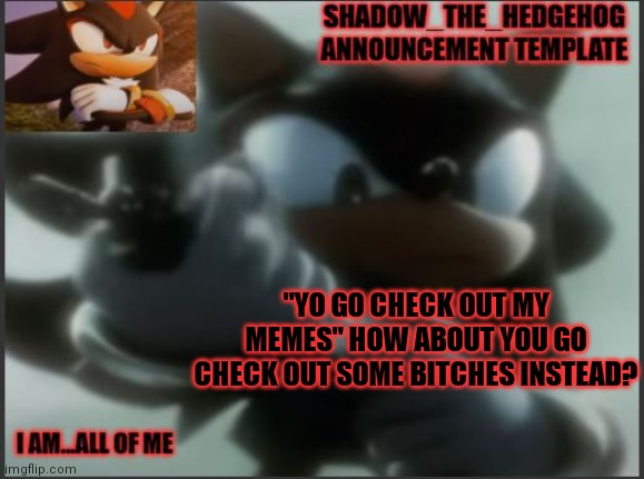 @the guy advertising | "YO GO CHECK OUT MY MEMES" HOW ABOUT YOU GO CHECK OUT SOME BITCHES INSTEAD? | image tagged in shadow_the_hedgehog announcement template | made w/ Imgflip meme maker