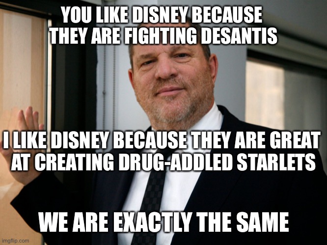 The happiest place on Earth | YOU LIKE DISNEY BECAUSE 
THEY ARE FIGHTING DESANTIS; I LIKE DISNEY BECAUSE THEY ARE GREAT 
AT CREATING DRUG-ADDLED STARLETS; WE ARE EXACTLY THE SAME | image tagged in harvey weinstein please come in | made w/ Imgflip meme maker