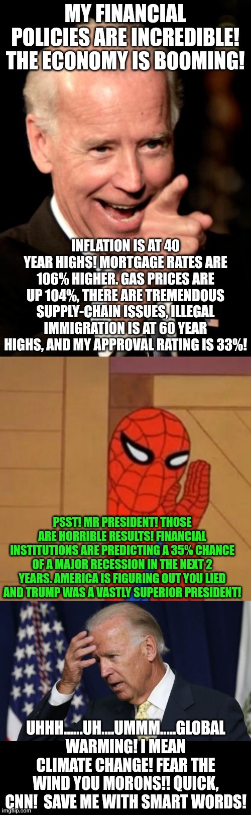 Always have a Plan B people.  Biden does, why not you? | MY FINANCIAL POLICIES ARE INCREDIBLE! THE ECONOMY IS BOOMING! INFLATION IS AT 40 YEAR HIGHS! MORTGAGE RATES ARE 106% HIGHER. GAS PRICES ARE UP 104%, THERE ARE TREMENDOUS SUPPLY-CHAIN ISSUES, ILLEGAL IMMIGRATION IS AT 60 YEAR HIGHS, AND MY APPROVAL RATING IS 33%! PSST! MR PRESIDENT! THOSE ARE HORRIBLE RESULTS! FINANCIAL INSTITUTIONS ARE PREDICTING A 35% CHANCE OF A MAJOR RECESSION IN THE NEXT 2 YEARS. AMERICA IS FIGURING OUT YOU LIED AND TRUMP WAS A VASTLY SUPERIOR PRESIDENT! UHHH......UH....UMMM.....GLOBAL WARMING! I MEAN CLIMATE CHANGE! FEAR THE WIND YOU MORONS!! QUICK, CNN!  SAVE ME WITH SMART WORDS! | image tagged in spider-man whisper,joe biden worries,media lies,failure,democratic party,planning | made w/ Imgflip meme maker