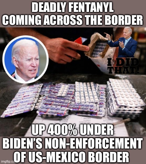 Biden administration is not acting in the best interest of U.S. citizens. | DEADLY FENTANYL COMING ACROSS THE BORDER; UP 400% UNDER BIDEN’S NON-ENFORCEMENT OF US-MEXICO BORDER | image tagged in fentanyl,up 400 percent,lgb,biden | made w/ Imgflip meme maker