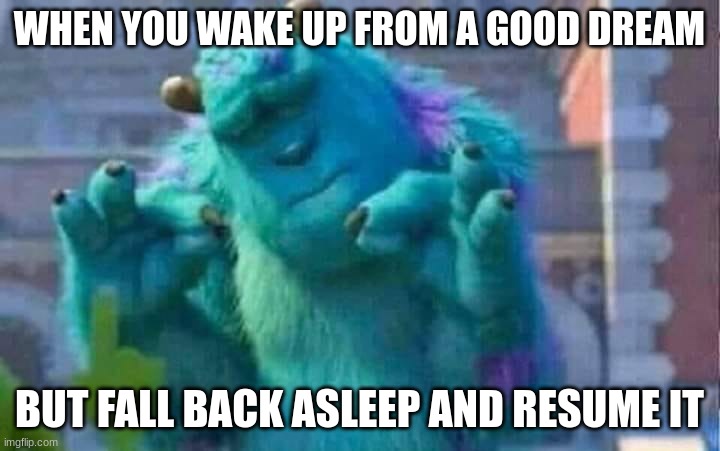 Sully shutdown | WHEN YOU WAKE UP FROM A GOOD DREAM; BUT FALL BACK ASLEEP AND RESUME IT | image tagged in sully shutdown | made w/ Imgflip meme maker