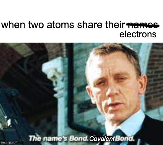 the name's bond. covalent bond. | when two atoms share their names; electrons; Covalent | image tagged in blank white template | made w/ Imgflip meme maker