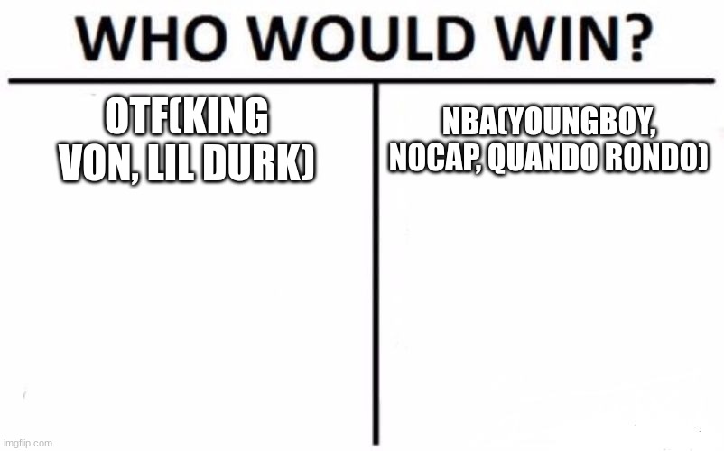 . | OTF(KING VON, LIL DURK); NBA(YOUNGBOY, NOCAP, QUANDO RONDO) | image tagged in memes,who would win | made w/ Imgflip meme maker