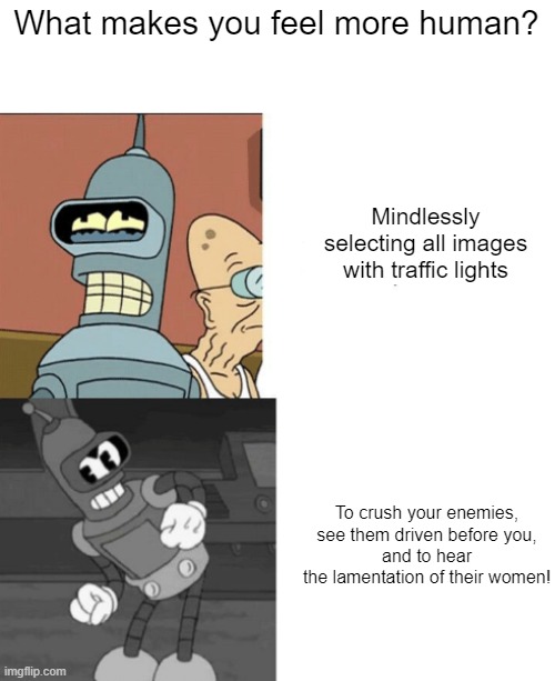 The standards around here are set pretty low | What makes you feel more human? Mindlessly selecting all images with traffic lights; To crush your enemies, see them driven before you,
 and to hear 
the lamentation of their women! | made w/ Imgflip meme maker