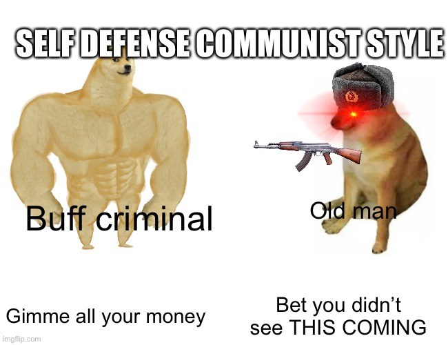 Self defense | SELF DEFENSE COMMUNIST STYLE; Old man; Buff criminal; Gimme all your money; Bet you didn’t see THIS COMING | image tagged in memes,buff doge vs cheems | made w/ Imgflip meme maker