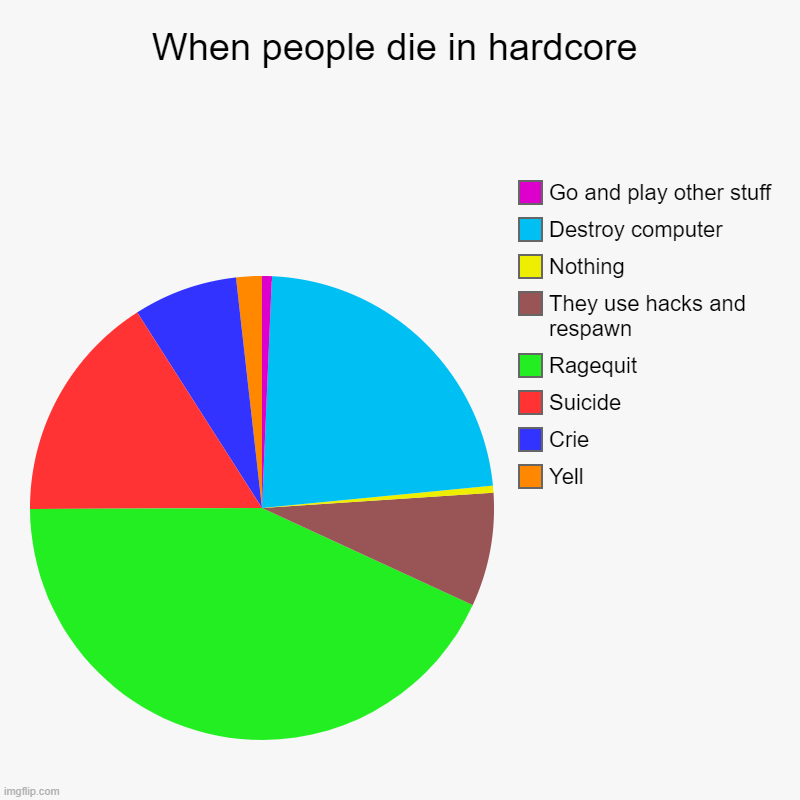 Bruh | When people die in hardcore | Yell, Crie, Suicide, Ragequit, They use hacks and respawn, Nothing, Destroy computer, Go and play other stuff | image tagged in charts,pie charts | made w/ Imgflip chart maker