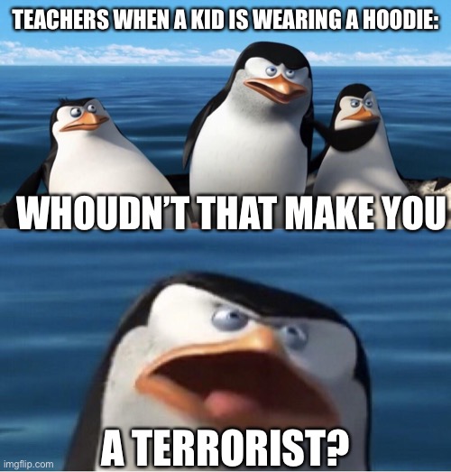 Wouldn't that make you | TEACHERS WHEN A KID IS WEARING A HOODIE:; WHOUDN’T THAT MAKE YOU; A TERRORIST? | image tagged in wouldn't that make you | made w/ Imgflip meme maker
