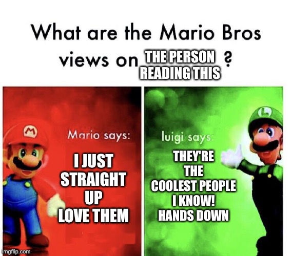 And I say! You light up my world <3 | THE PERSON READING THIS; THEY'RE THE COOLEST PEOPLE I KNOW! HANDS DOWN; I JUST STRAIGHT UP LOVE THEM | image tagged in what are the mario bros views on,wholesome | made w/ Imgflip meme maker