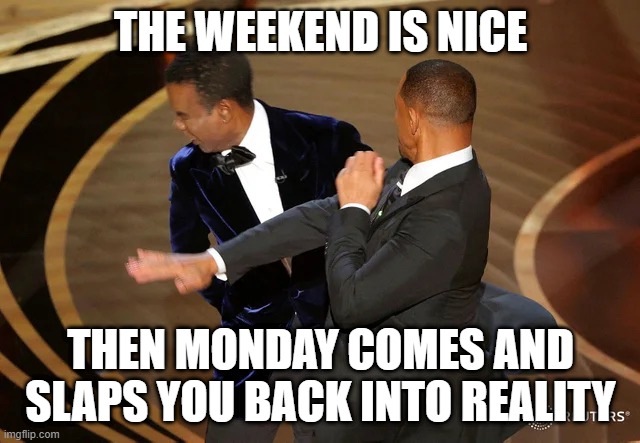Will Smith punching Chris Rock | THE WEEKEND IS NICE; THEN MONDAY COMES AND SLAPS YOU BACK INTO REALITY | image tagged in will smith punching chris rock | made w/ Imgflip meme maker