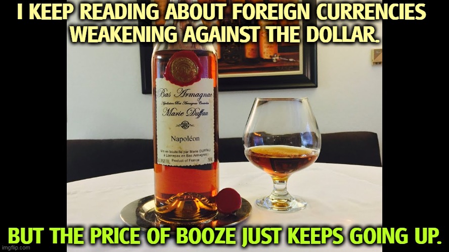 I KEEP READING ABOUT FOREIGN CURRENCIES 
WEAKENING AGAINST THE DOLLAR. BUT THE PRICE OF BOOZE JUST KEEPS GOING UP. | image tagged in currency,dollar,tariffs,price,alcohol,booze | made w/ Imgflip meme maker